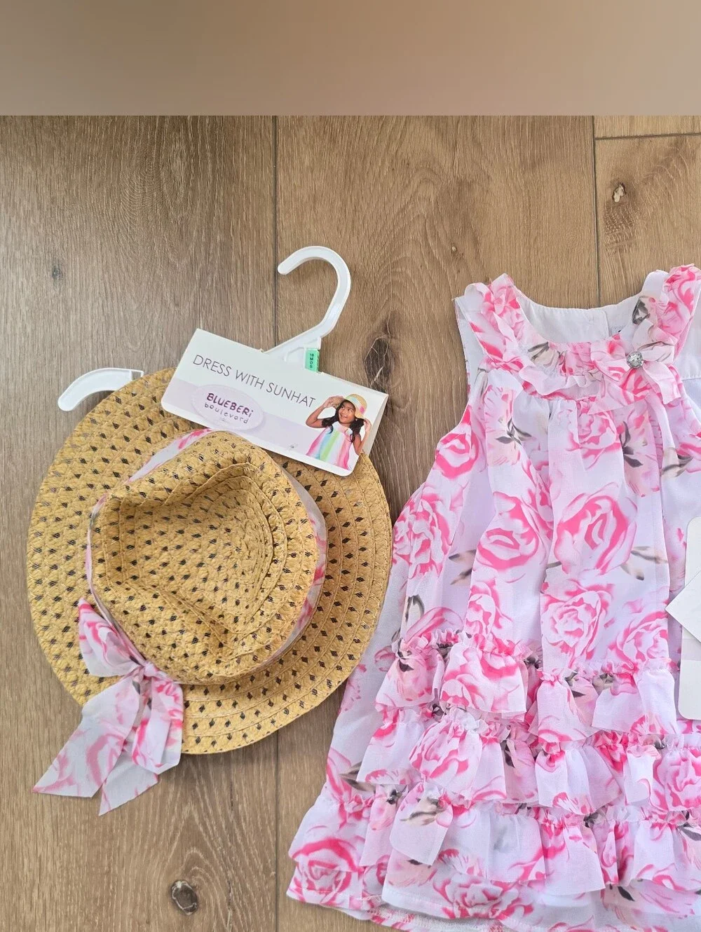 Blueberi Baby Girls Pink Rose Floral Ruffle Dress with Matching Sun Hat Size 18M
